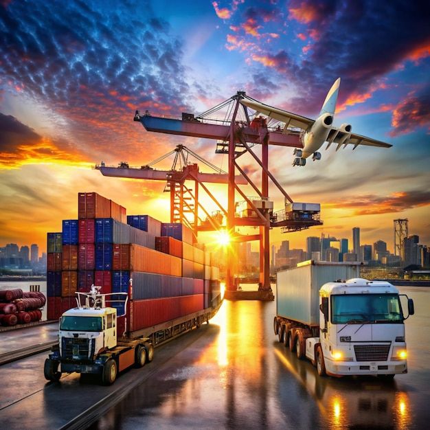 Global business logistics import export of containers cargo freight ship loading at port by crane container transport cargo plane truck to port background _ Premium AI-generated image (1)
